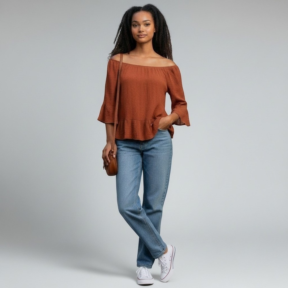 Meraki Womens Rust Orange Off The Shoulder Bell Sleeve Peplum Blouse Size M